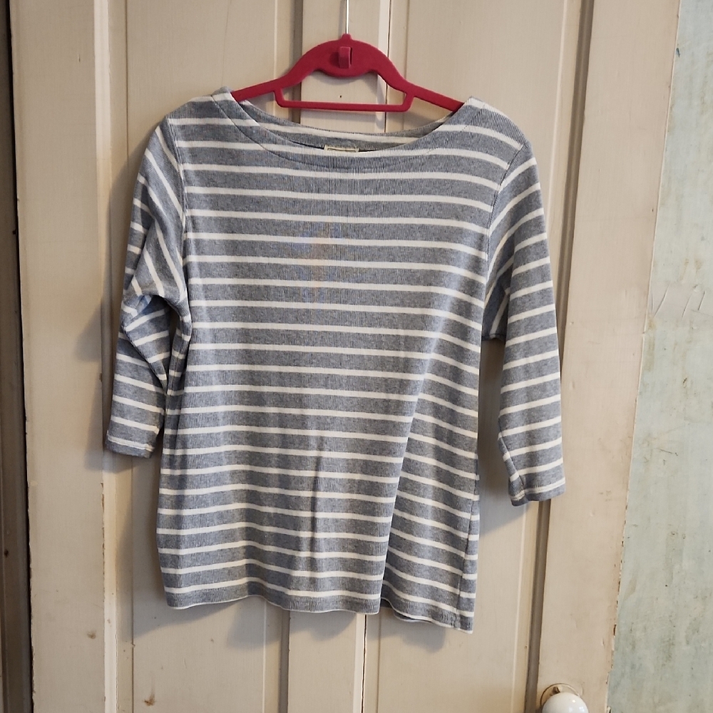 L.L. Bean Gray & White Striped Long Sleeve Crewneck Top